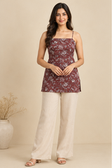 Maroon Floral Printed Spaghetti Strap Tunic Top