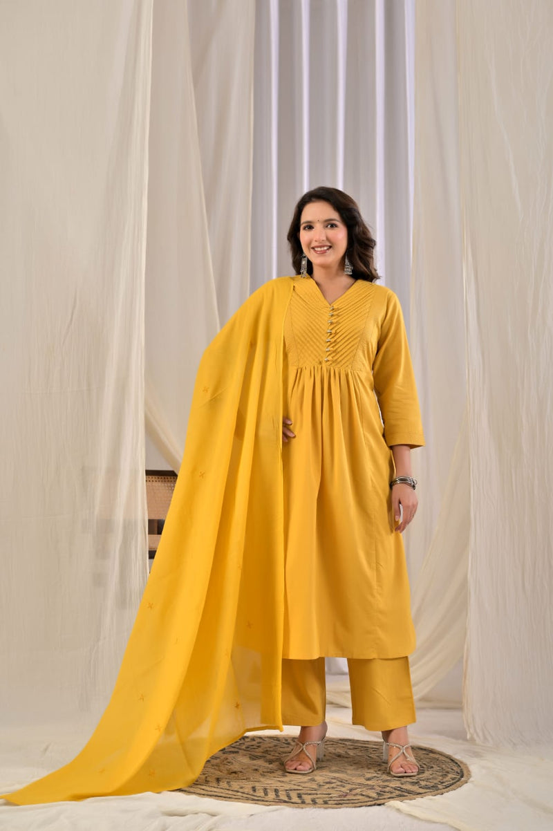 Women's Mustard Yellow Pintuck Pleated Anarkali Kurta Set with Trousers & Dupatta