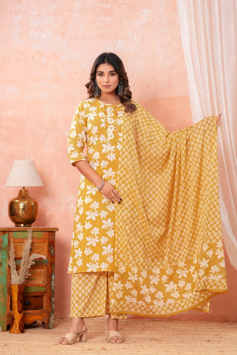 Women's Mustard Yellow Floral Printed & Placket Embroidered Cotton Kurta Set with Trousers & Dupatta