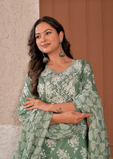 Women's Sage Green Floral Printed & Yoke Embroidered Cotton Kurta Set with Trousers & Dupatta