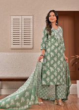 Women's Sage Green Floral Printed & Yoke Embroidered Cotton Kurta Set with Trousers & Dupatta