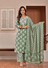 Women's Sage Green Floral Printed & Yoke Embroidered Cotton Kurta Set with Trousers & Dupatta