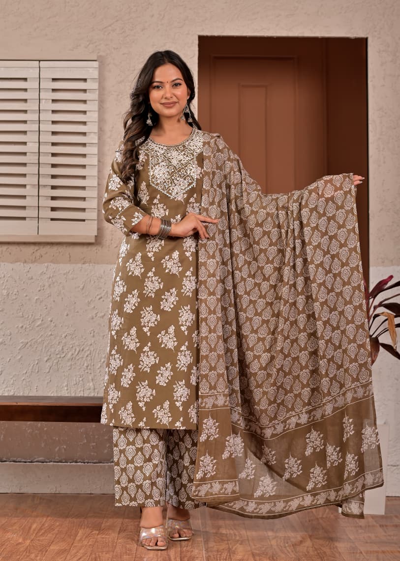 Women's Taupe Brown Floral Printed & Yoke Embroidered Cotton Kurta Set with Trousers & Dupatta
