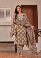 Women's Taupe Brown Floral Printed & Yoke Embroidered Cotton Kurta Set with Trousers & Dupatta