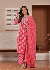 Women's Bright Pink Floral Printed & Yoke Embroidered Cotton Kurta Set with Trousers & Dupatta