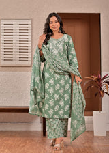 Women's Sage Green Floral Printed & Yoke Embroidered Cotton Kurta Set with Trousers & Dupatta