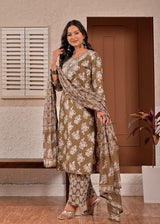 Women's Taupe Brown Floral Printed & Yoke Embroidered Cotton Kurta Set with Trousers & Dupatta