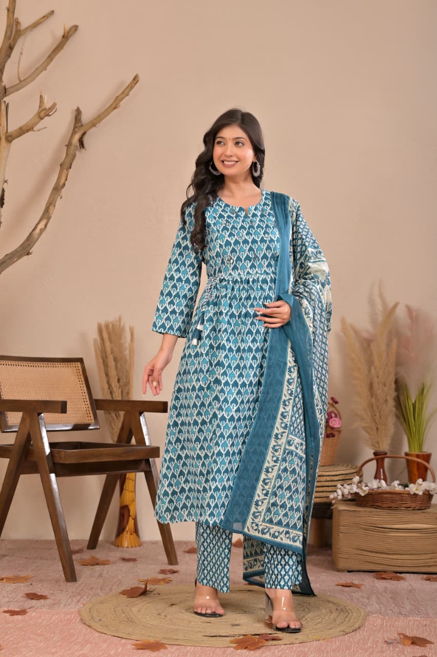 Teal Blue Floral Block Printed Pure Cotton Kurta Set with Trousers & Dupatta