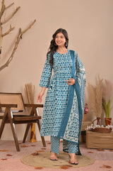 Teal Blue Floral Block Printed Pure Cotton Kurta Set with Trousers & Dupatta
