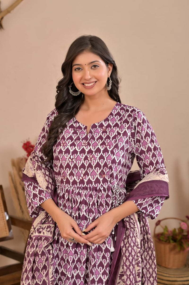 Purple Floral Block Printed Pure Cotton Kurta Set with Trousers & Dupatta