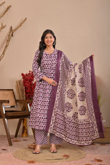 Purple Floral Block Printed Pure Cotton Kurta Set with Trousers & Dupatta