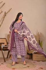 Purple Floral Block Printed Pure Cotton Kurta Set with Trousers & Dupatta