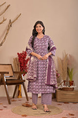 Purple Floral Block Printed Pure Cotton Kurta Set with Trousers & Dupatta