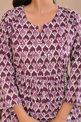 Purple Floral Block Printed Pure Cotton Kurta Set with Trousers & Dupatta