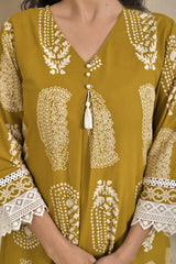 Elegant Yellow Paisley Printed Anarkali Kurta Set with Matching Dupatta & Trousers