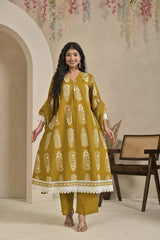 Elegant Yellow Paisley Printed Anarkali Kurta Set with Matching Dupatta & Trousers
