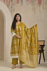 Elegant Yellow Paisley Printed Anarkali Kurta Set with Matching Dupatta & Trousers