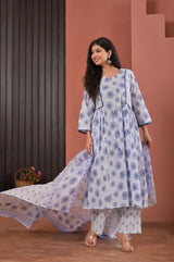 Soft Lavender & Blue Floral Block Printed Cotton Anarkali Kurta Set with Trousers & Dupatta