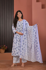 Soft Lavender & Blue Floral Block Printed Cotton Anarkali Kurta Set with Trousers & Dupatta