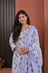 Soft Lavender & Blue Floral Block Printed Cotton Anarkali Kurta Set with Trousers & Dupatta