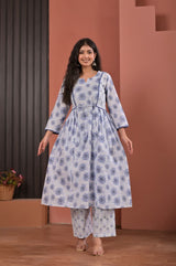 Soft Lavender & Blue Floral Block Printed Cotton Anarkali Kurta Set with Trousers & Dupatta