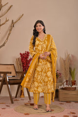 Mustard Yellow Floral Block Printed Cotton Straight Kurta Set with Striped Trousers & Dupatta