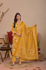 Mustard Yellow Floral Block Printed Cotton Straight Kurta Set with Striped Trousers & Dupatta
