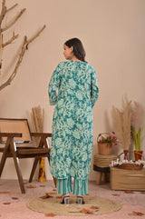 Elegance Teal Floral Printed Cotton Kurta Set with Dupatta