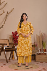 Mustard Yellow Floral Block Printed Cotton Straight Kurta Set with Striped Trousers & Dupatta