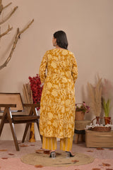 Mustard Yellow Floral Block Printed Cotton Straight Kurta Set with Striped Trousers & Dupatta