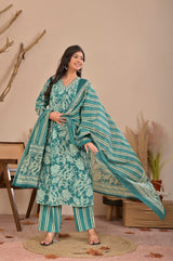 Elegance Teal Floral Printed Cotton Kurta Set with Dupatta