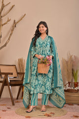 Elegance Teal Floral Printed Cotton Kurta Set with Dupatta