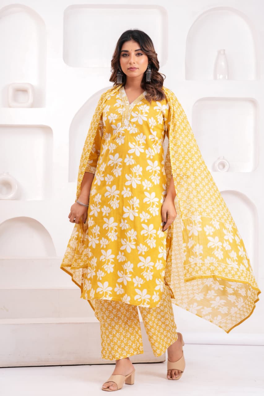 Women's Yellow Floral Printed Cotton Straight Kurta Set with Trousers & Dupatta