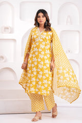 Women's Yellow Floral Printed Cotton Straight Kurta Set with Trousers & Dupatta
