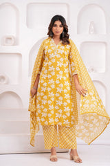 Women's Yellow Floral Printed Cotton Straight Kurta Set with Trousers & Dupatta