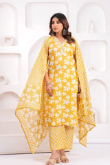 Women's Yellow Floral Printed Cotton Straight Kurta Set with Trousers & Dupatta