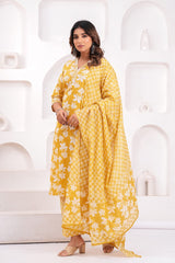 Women's Yellow Floral Printed Cotton Straight Kurta Set with Trousers & Dupatta