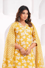 Women's Yellow Floral Printed Cotton Straight Kurta Set with Trousers & Dupatta