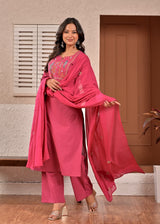 Women's Dark Pink Embroidered Straight Cotton Kurta Set with Trousers & Dupatta