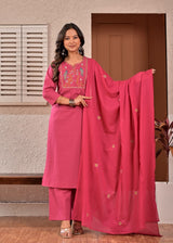 Women's Dark Pink Embroidered Straight Cotton Kurta Set with Trousers & Dupatta