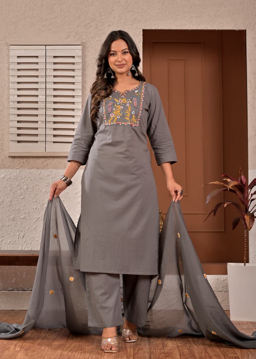 Women's Charcoal Grey Embroidered Straight Cotton Kurta Set with Trousers & Dupatta