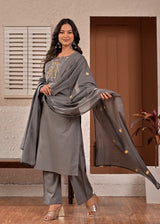 Women's Charcoal Grey Embroidered Straight Cotton Kurta Set with Trousers & Dupatta