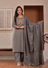 Women's Charcoal Grey Embroidered Straight Cotton Kurta Set with Trousers & Dupatta