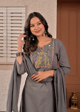Women's Charcoal Grey Embroidered Straight Cotton Kurta Set with Trousers & Dupatta
