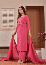 Women's Dark Pink Embroidered Straight Cotton Kurta Set with Trousers & Dupatta