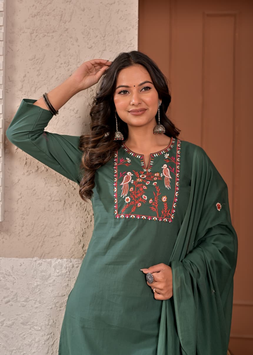 Women's Dark Teal / Bottle Green Embroidered Straight Cotton Kurta Set with Trousers & Dupatta