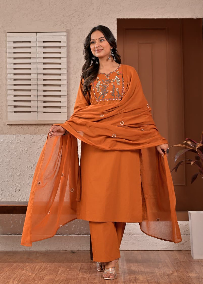 Women's Rust Orange Embroidered Straight Cotton Kurta Set with Trousers & Dupatta