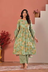 Women's Sage Green Floral Printed Cotton Gathered Kurta Set with Trousers & Dupatta