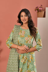 Women's Sage Green Floral Printed Cotton Gathered Kurta Set with Trousers & Dupatta