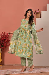 Women's Sage Green Floral Printed Cotton Gathered Kurta Set with Trousers & Dupatta